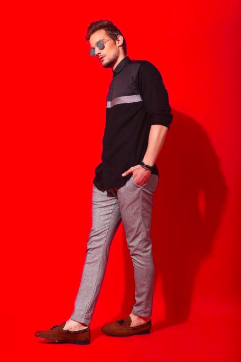Men's tee and joggers on model